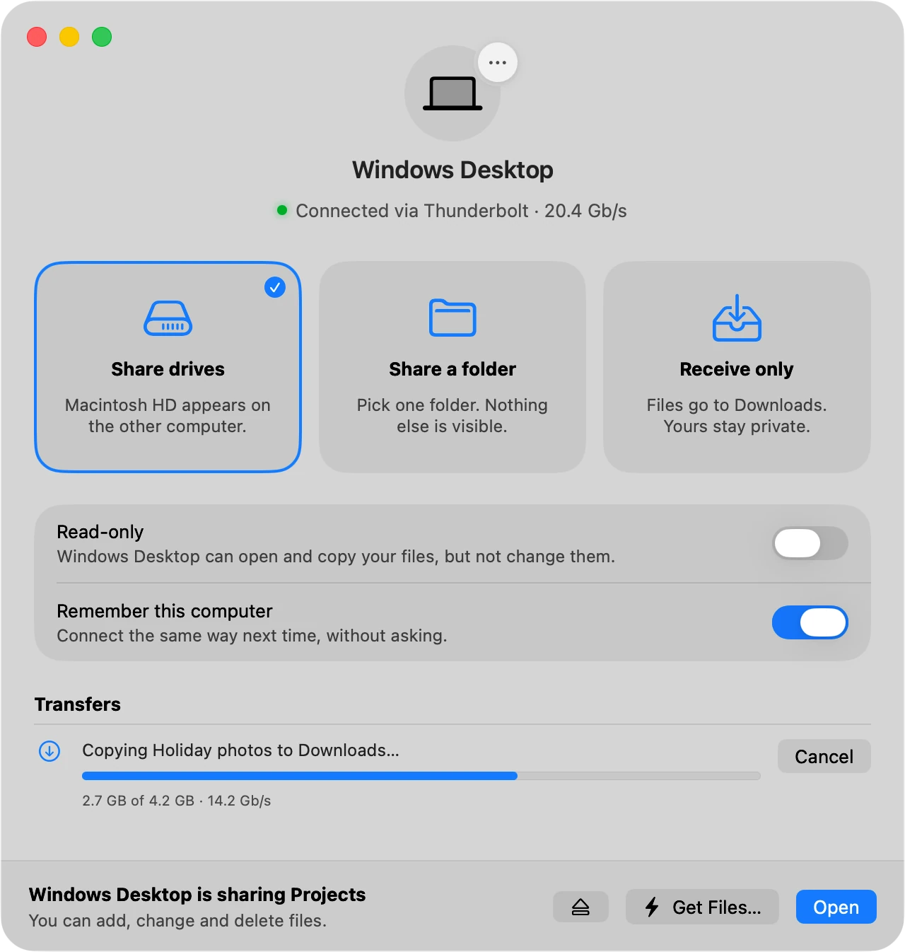 The DirectConnect window on a Mac, connected to a Windows PC and copying files